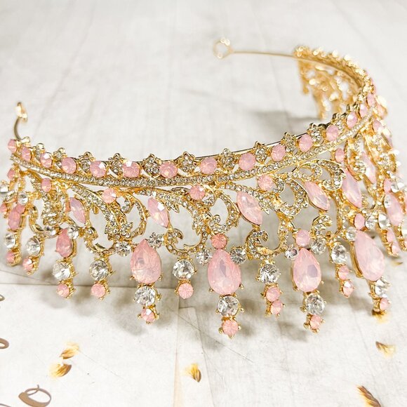 Pink and Gold Crystal Tiara Wedding Princess Gemstone Crown Adult women’s queen - Picture 8 of 11